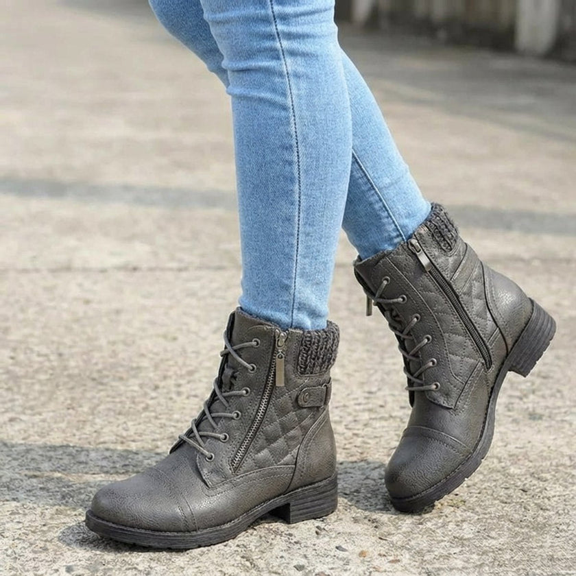 Aria | Women's Boots Quilted Faux Leather Lace-Up Side Zip Ankle Booties