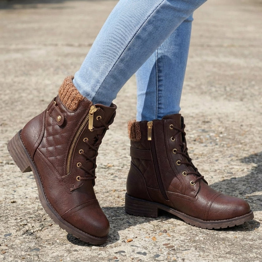 Aria | Women's Boots Quilted Faux Leather Lace-Up Side Zip Ankle Booties