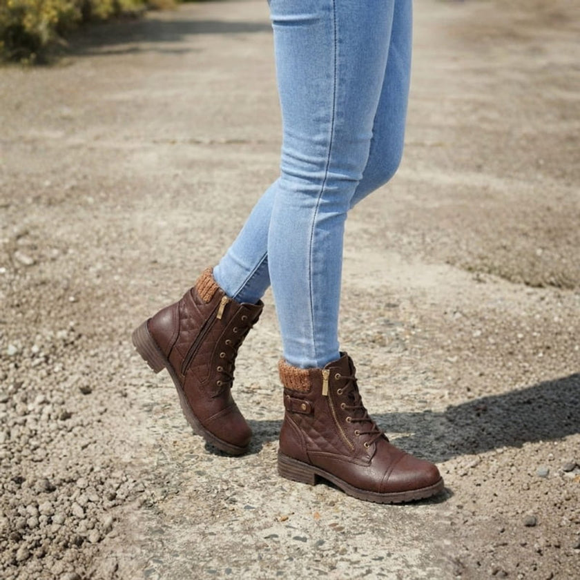 Aria | Women's Boots Quilted Faux Leather Lace-Up Side Zip Ankle Booties