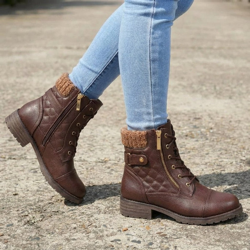 Aria | Women's Boots Quilted Faux Leather Lace-Up Side Zip Ankle Booties
