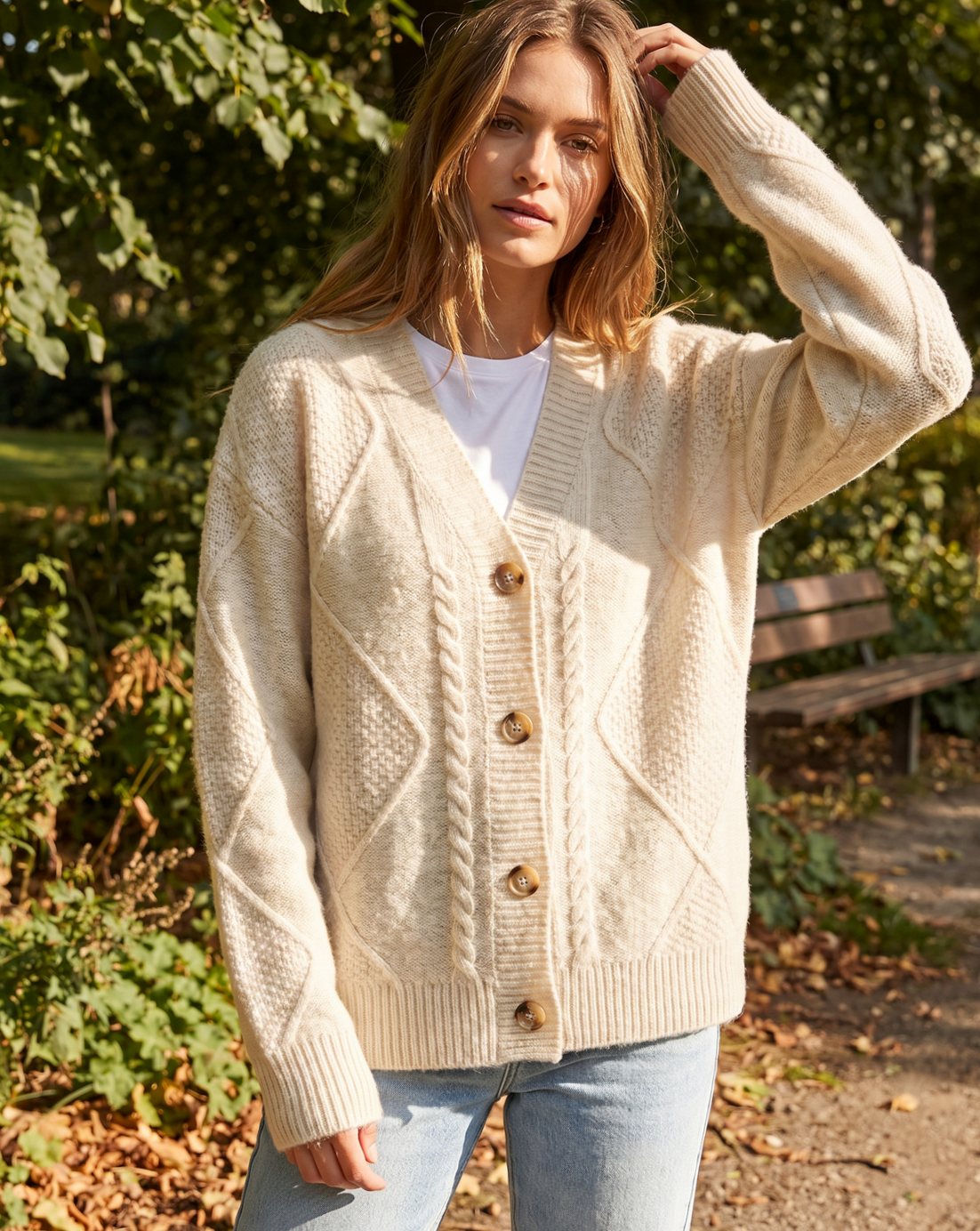 Cable-Knit V-Neck Cardigan with Gold-Tone Buttons for Women | Layla