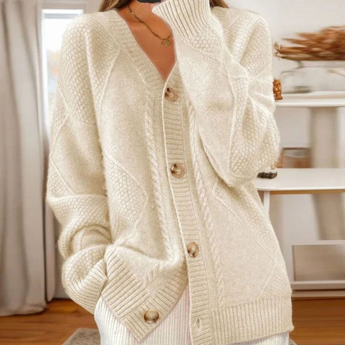Cable-Knit V-Neck Cardigan with Gold-Tone Buttons for Women | Layla