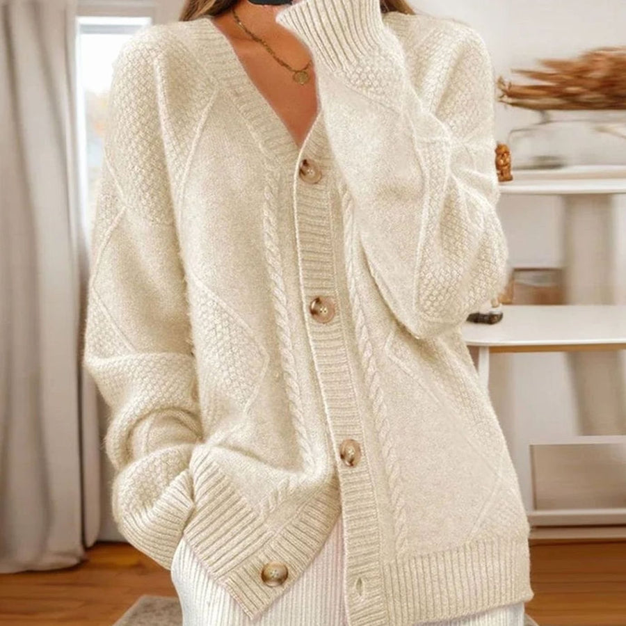 Cable-Knit V-Neck Cardigan with Gold-Tone Buttons for Women | Layla