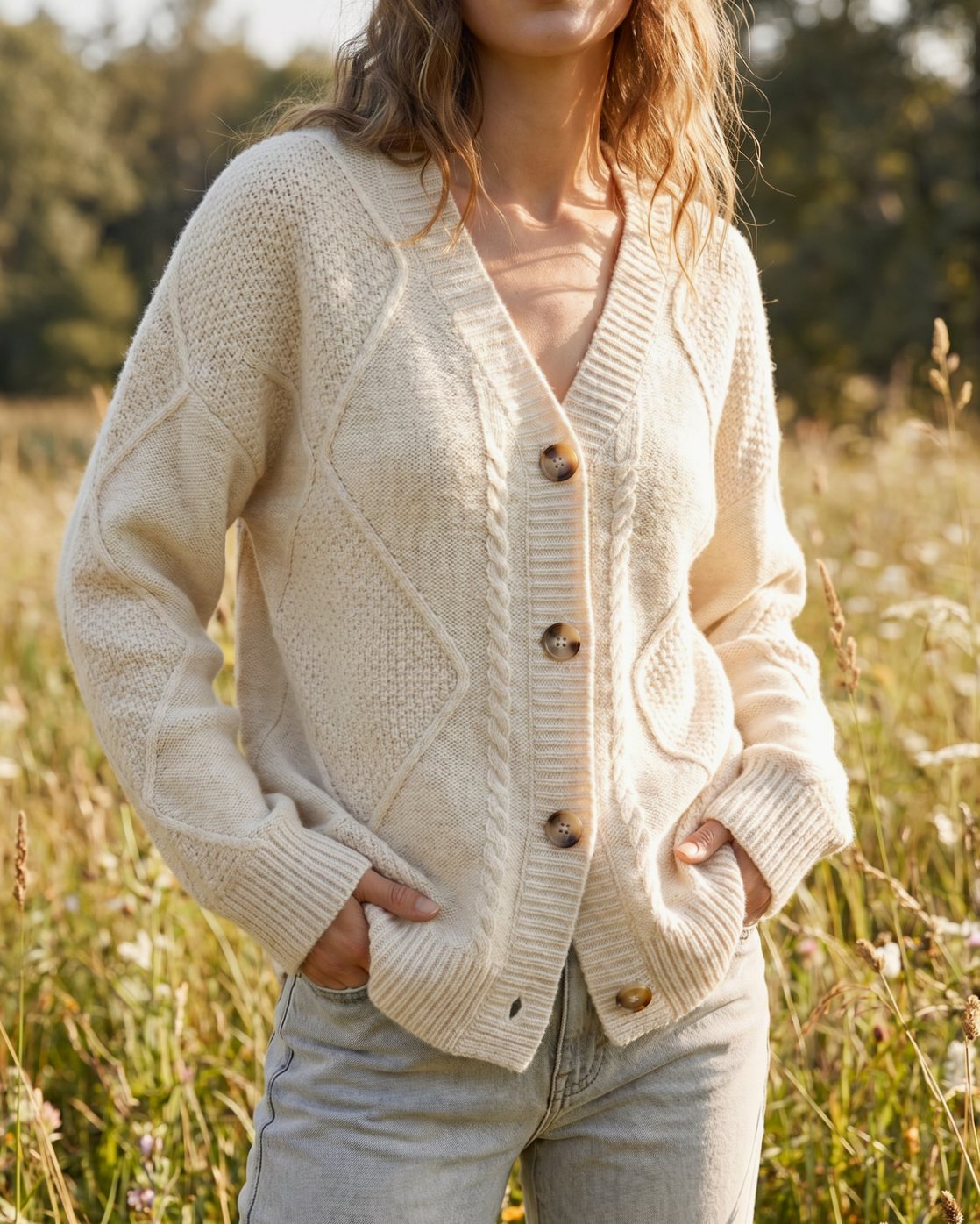 Cable-Knit V-Neck Cardigan with Gold-Tone Buttons for Women | Layla