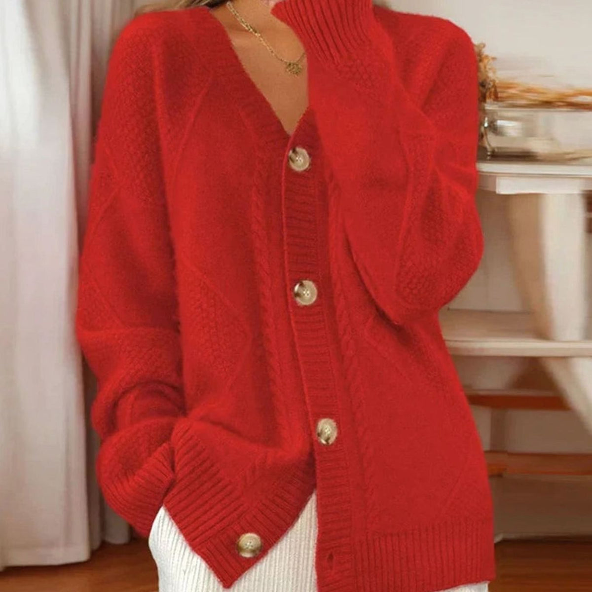 Cable-Knit V-Neck Cardigan with Gold-Tone Buttons for Women | Layla