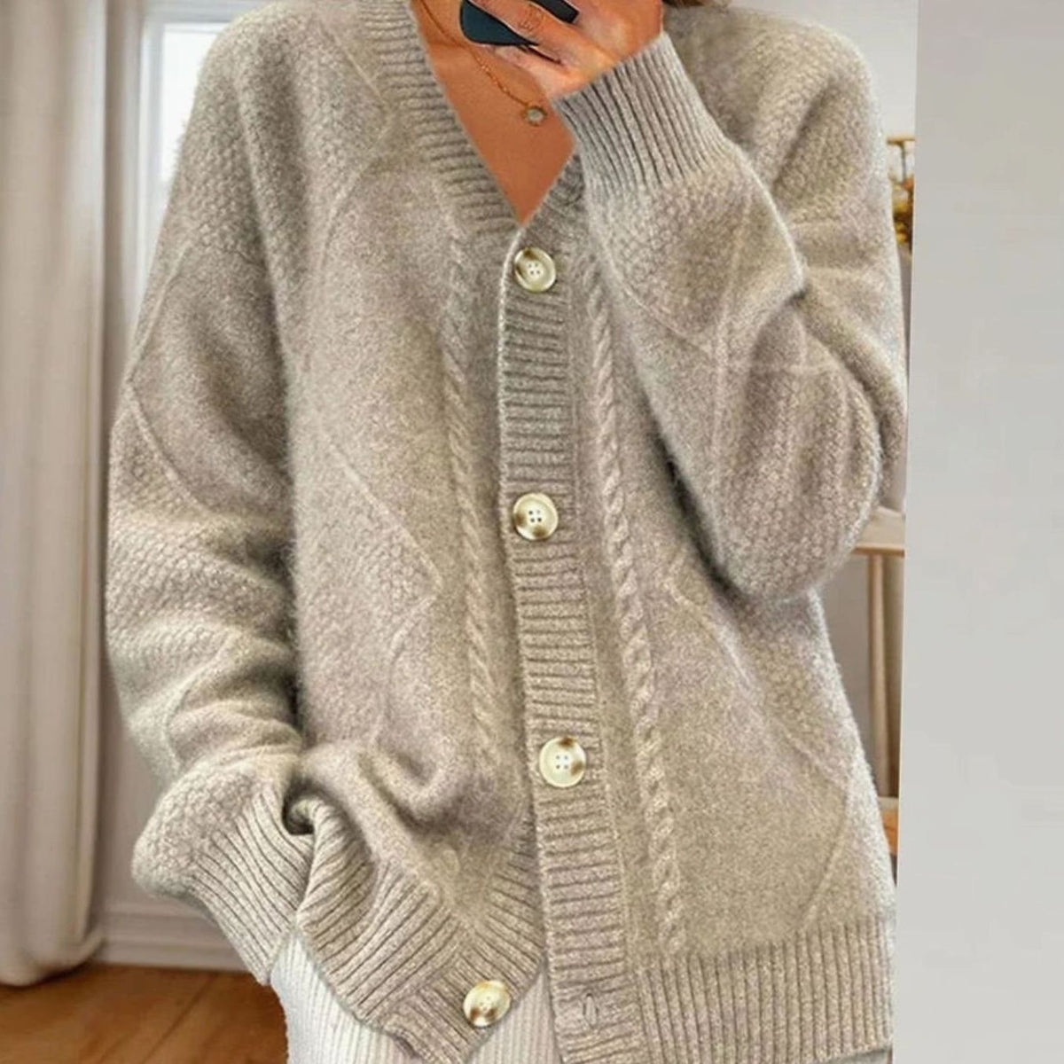 Cable-Knit V-Neck Cardigan with Gold-Tone Buttons for Women | Layla