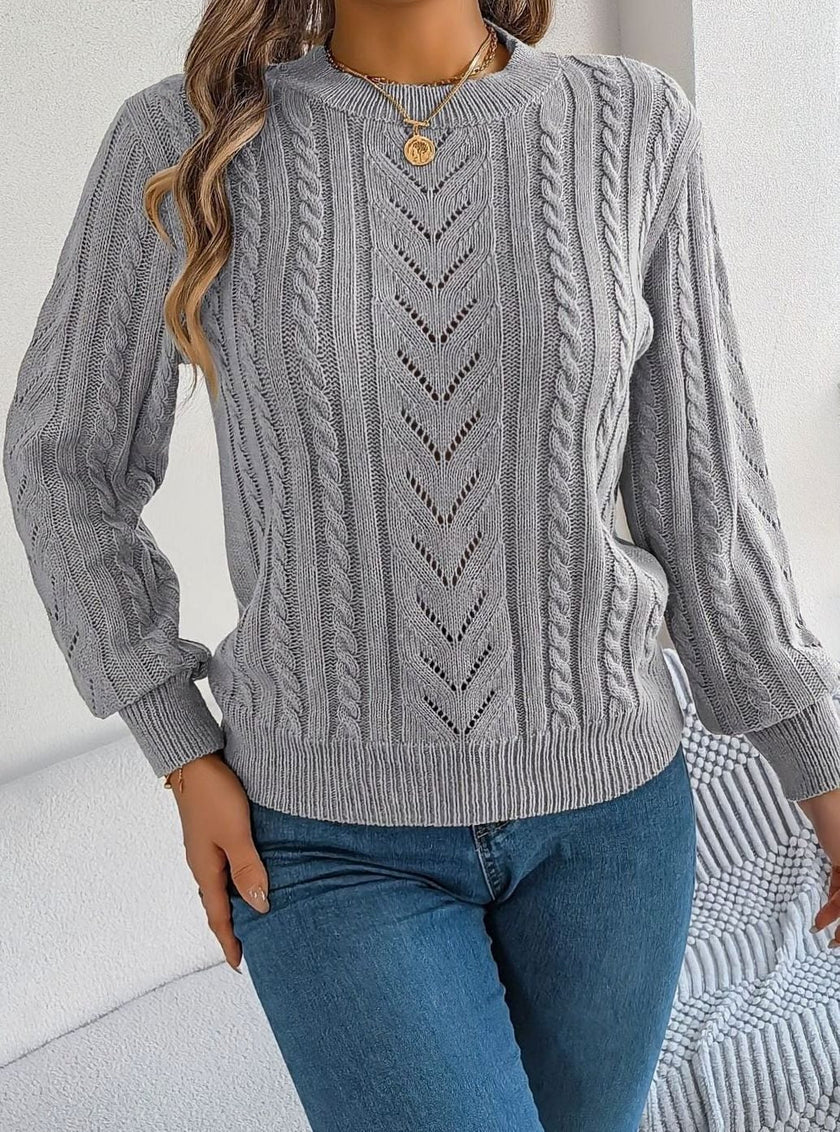 Penelope | Women's Cable-Knit Openwork Round-Neck Pullover Sweater with Ribbed for Everyday