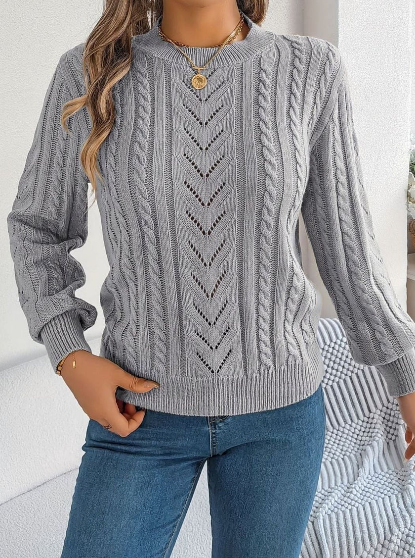 Penelope | Women's Cable-Knit Openwork Round-Neck Pullover Sweater with Ribbed for Everyday