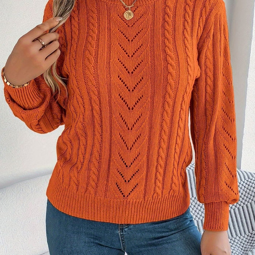 Penelope | Women's Cable-Knit Openwork Round-Neck Pullover Sweater with Ribbed for Everyday