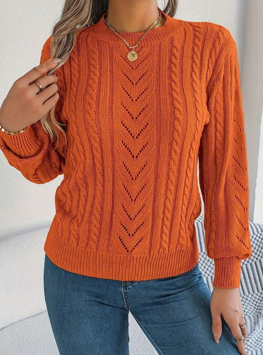 Penelope | Women's Cable-Knit Openwork Round-Neck Pullover Sweater with Ribbed for Everyday