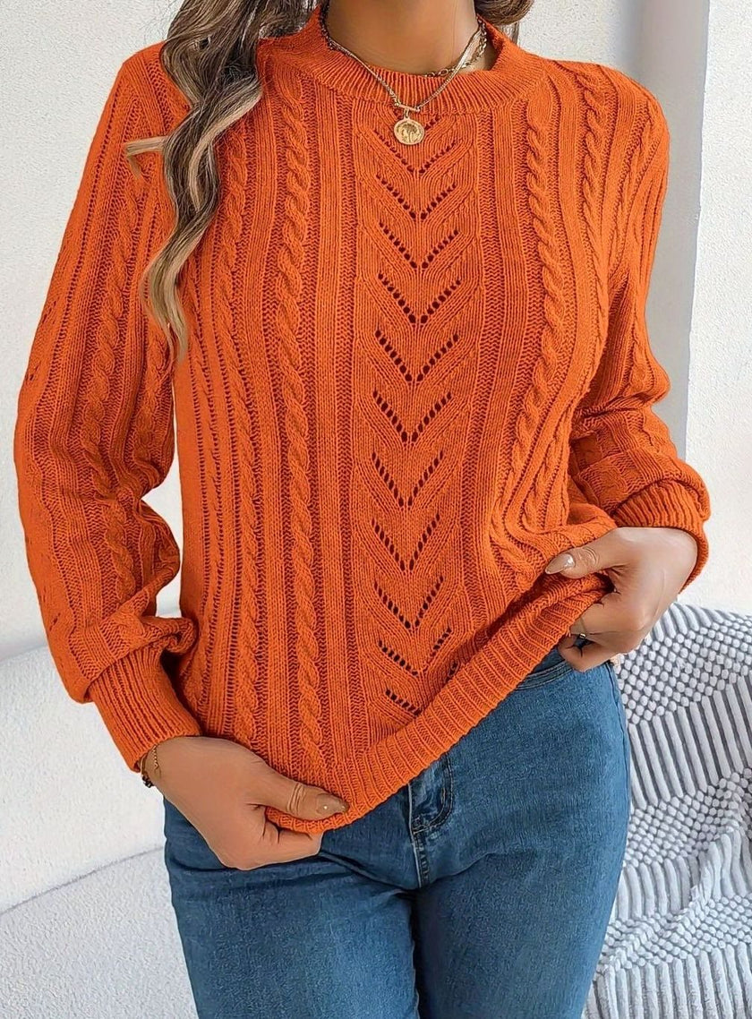 Penelope | Women's Cable-Knit Openwork Round-Neck Pullover Sweater with Ribbed for Everyday