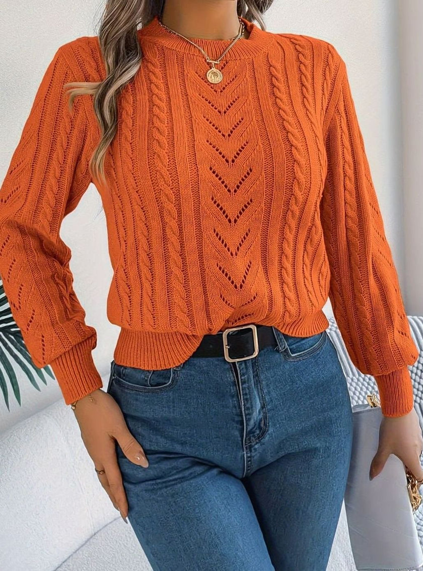 Penelope | Women's Cable-Knit Openwork Round-Neck Pullover Sweater with Ribbed for Everyday