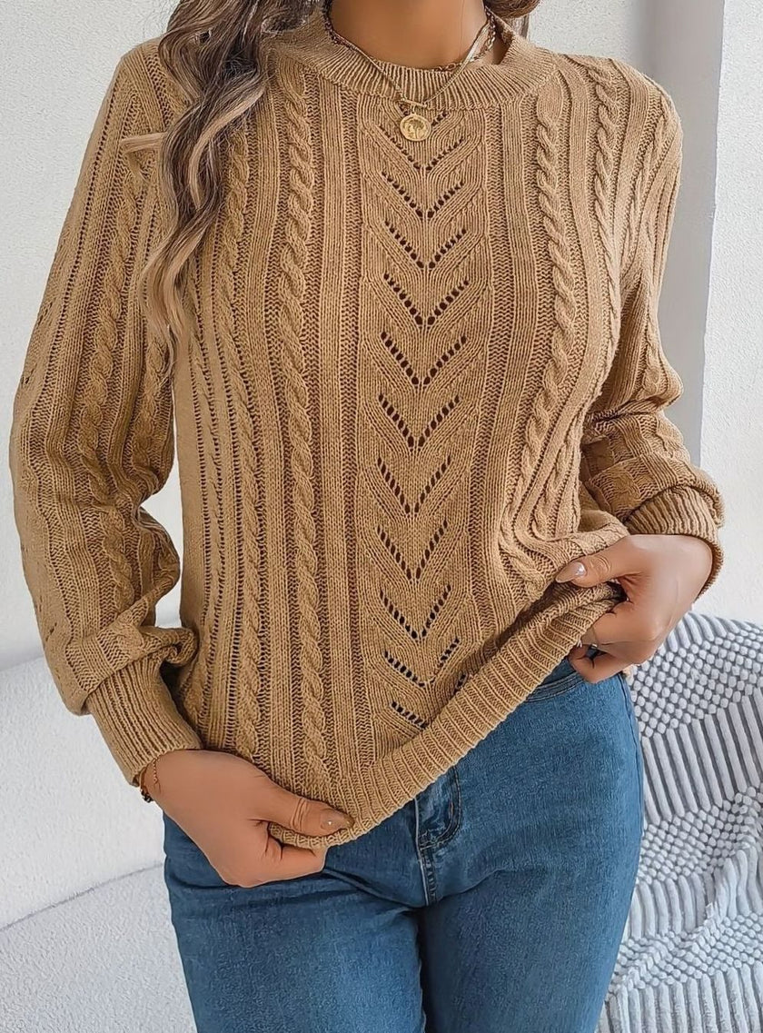 Penelope | Women's Cable-Knit Openwork Round-Neck Pullover Sweater with Ribbed for Everyday