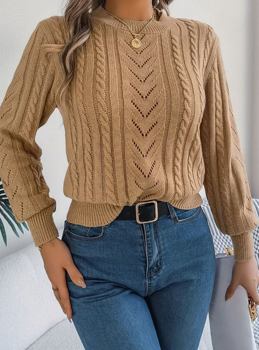 Penelope | Women's Cable-Knit Openwork Round-Neck Pullover Sweater with Ribbed for Everyday