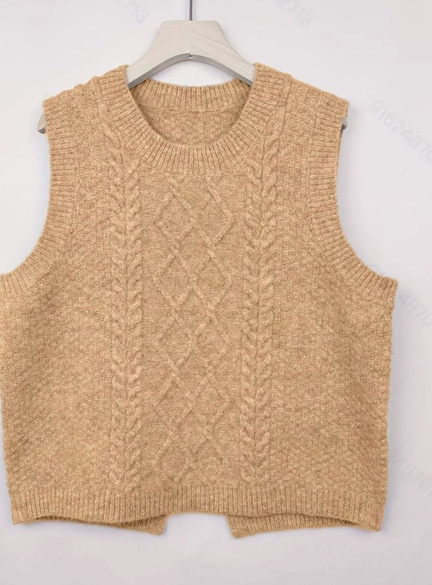 Isabella | Women's Cable-Knit Round-Neck Sleeveless Sweater Vest with Striped for Layering