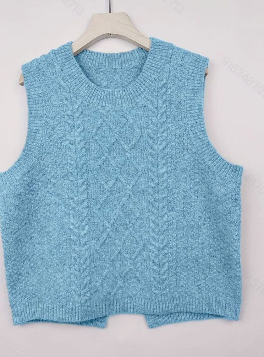 Isabella | Women's Cable-Knit Round-Neck Sleeveless Sweater Vest with Striped for Layering