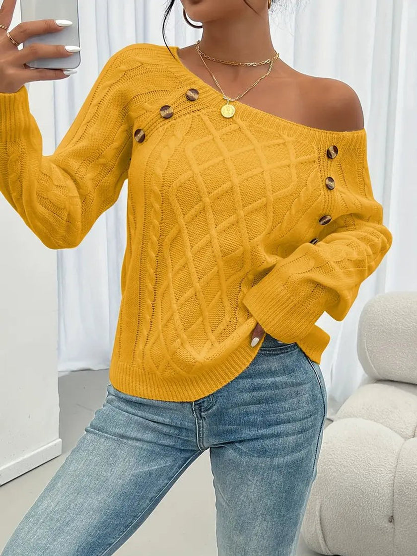 Victoria | Women's Cable Knit Sweater Raglan-Sleeve Button-Detail Pullover with Round-Neck for Layering