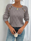 Victoria | Women's Cable Knit Sweater Raglan-Sleeve Button-Detail Pullover with Round-Neck for Layering
