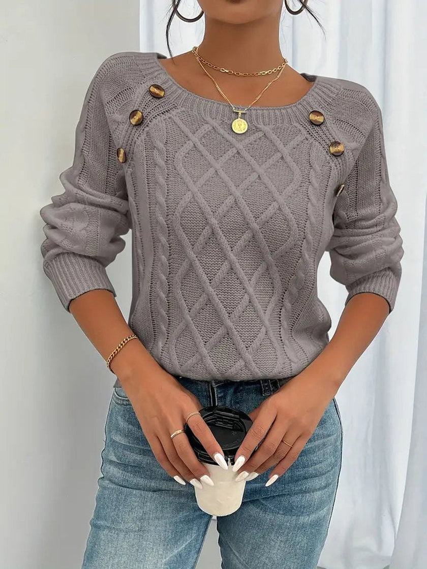 Victoria | Women's Cable Knit Sweater Raglan-Sleeve Button-Detail Pullover with Round-Neck for Layering