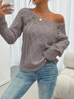 Victoria | Women's Cable Knit Sweater Raglan-Sleeve Button-Detail Pullover with Round-Neck for Layering