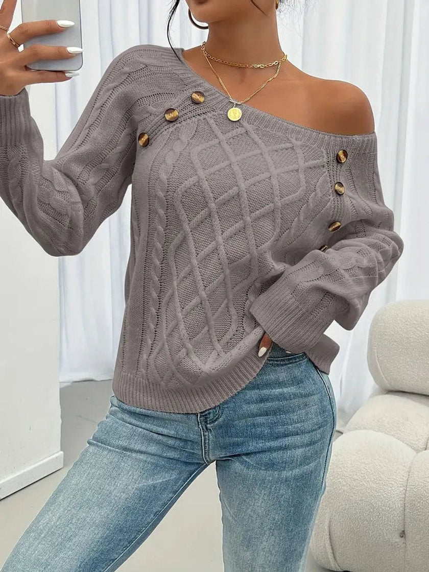 Victoria | Women's Cable Knit Sweater Raglan-Sleeve Button-Detail Pullover with Round-Neck for Layering