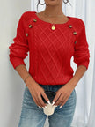 Victoria | Women's Cable Knit Sweater Raglan-Sleeve Button-Detail Pullover with Round-Neck for Layering