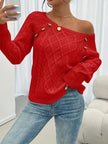Victoria | Women's Cable Knit Sweater Raglan-Sleeve Button-Detail Pullover with Round-Neck for Layering