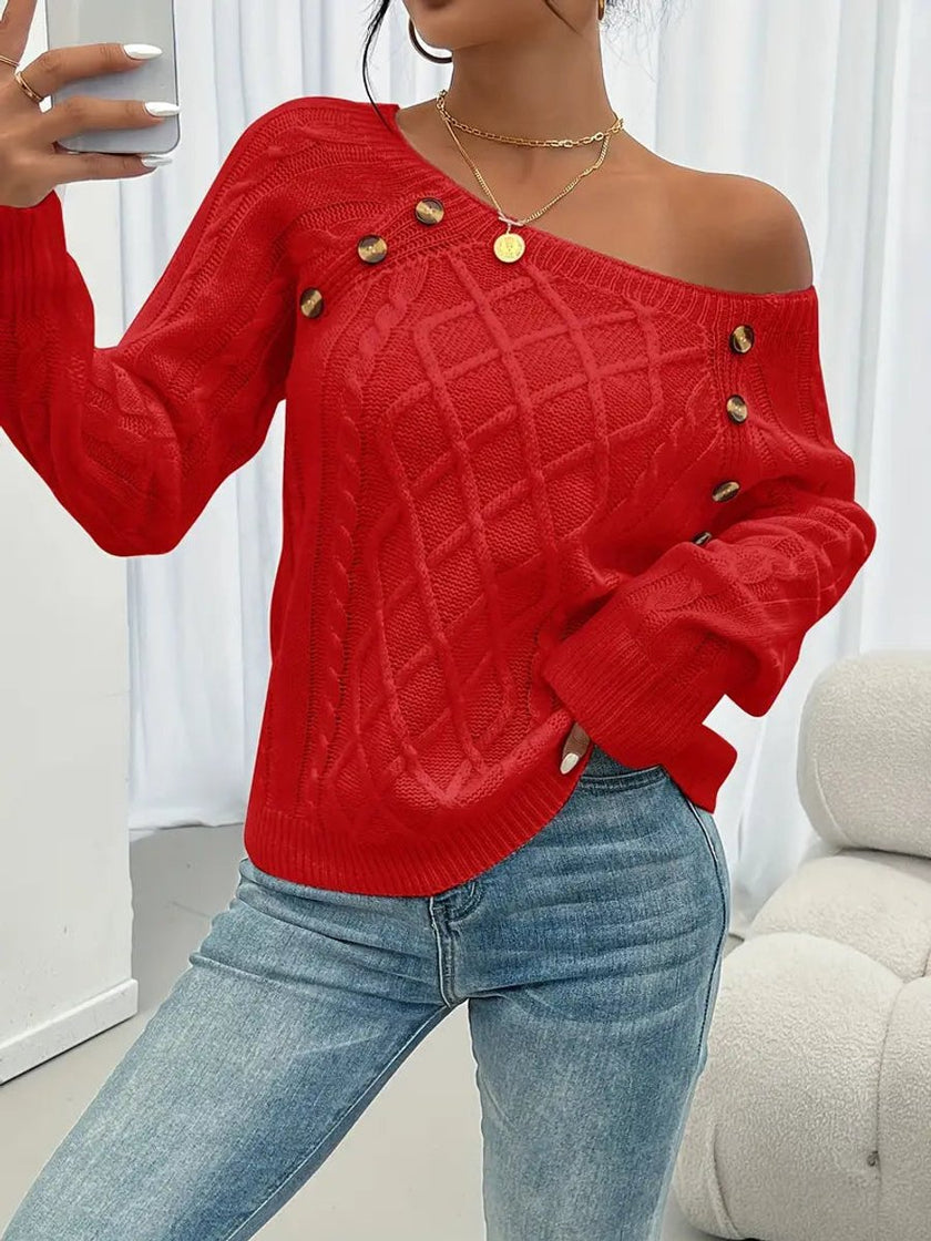 Victoria | Women's Cable Knit Sweater Raglan-Sleeve Button-Detail Pullover with Round-Neck for Layering