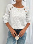 Victoria | Women's Cable Knit Sweater Raglan-Sleeve Button-Detail Pullover with Round-Neck for Layering