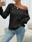 Victoria | Women's Cable Knit Sweater Raglan-Sleeve Button-Detail Pullover with Round-Neck for Layering