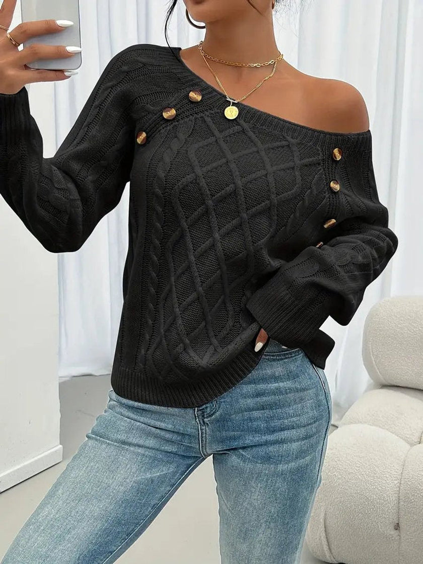 Victoria | Women's Cable Knit Sweater Raglan-Sleeve Button-Detail Pullover with Round-Neck for Layering