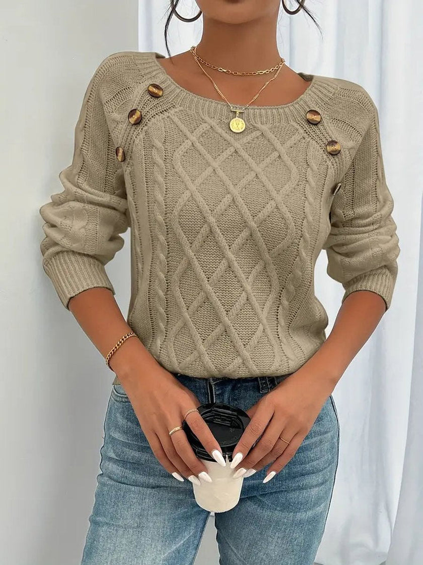 Victoria | Women's Cable Knit Sweater Raglan-Sleeve Button-Detail Pullover with Round-Neck for Layering