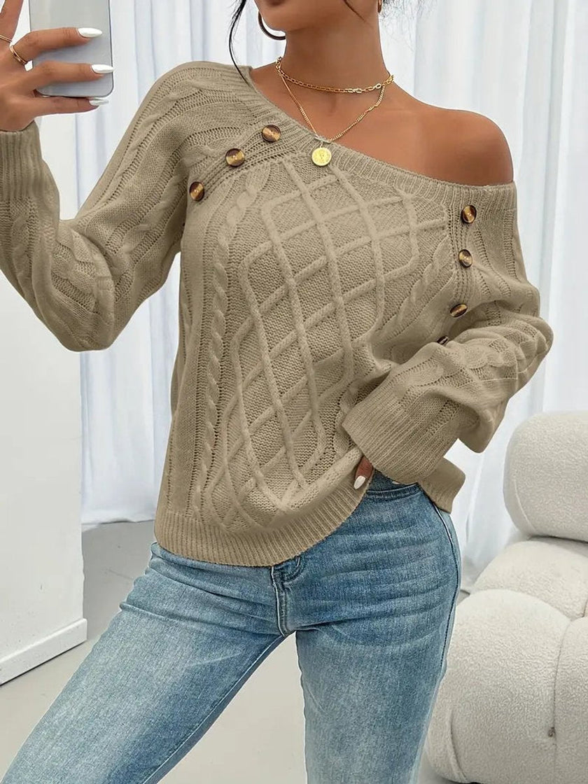 Victoria | Women's Cable Knit Sweater Raglan-Sleeve Button-Detail Pullover with Round-Neck for Layering