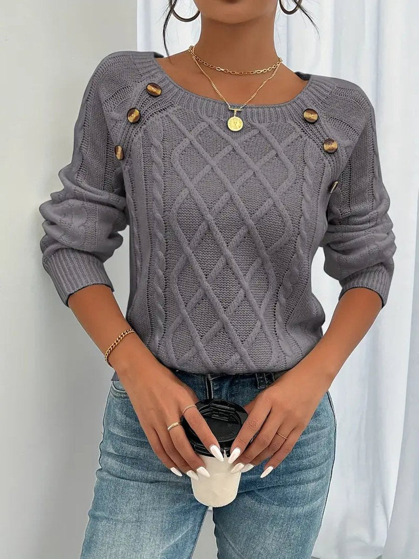 Victoria | Women's Cable Knit Sweater Raglan-Sleeve Button-Detail Pullover with Round-Neck for Layering
