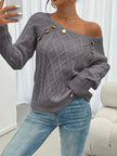 Victoria | Women's Cable Knit Sweater Raglan-Sleeve Button-Detail Pullover with Round-Neck for Layering