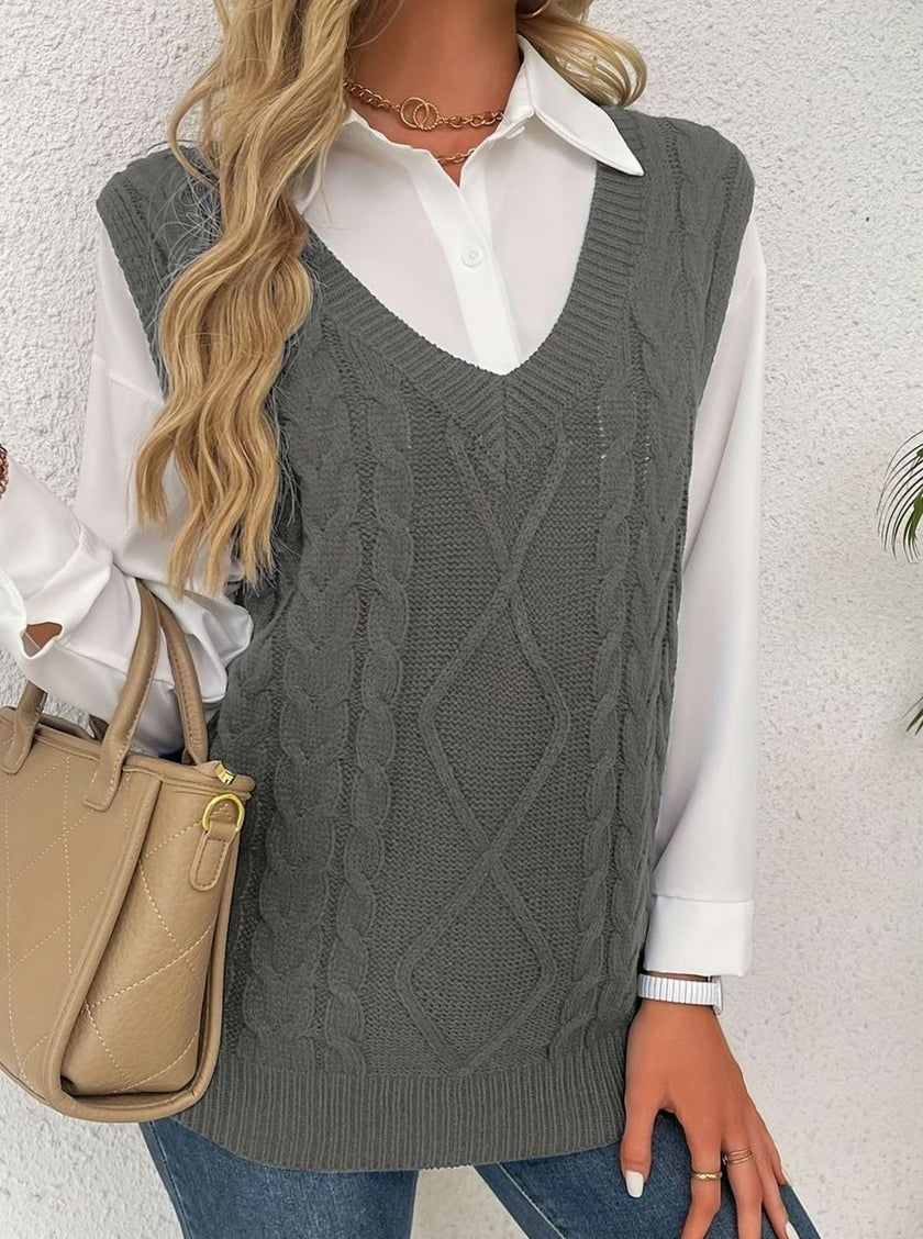 Grace | Women's Cable-Knit V-Neck Sweater Vest Relaxed Layering Pullover for Everyday