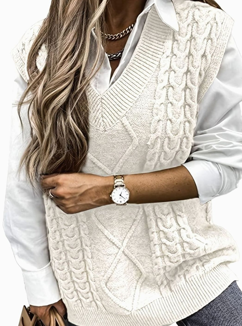 Grace | Women's Cable-Knit V-Neck Sweater Vest Relaxed Layering Pullover for Everyday