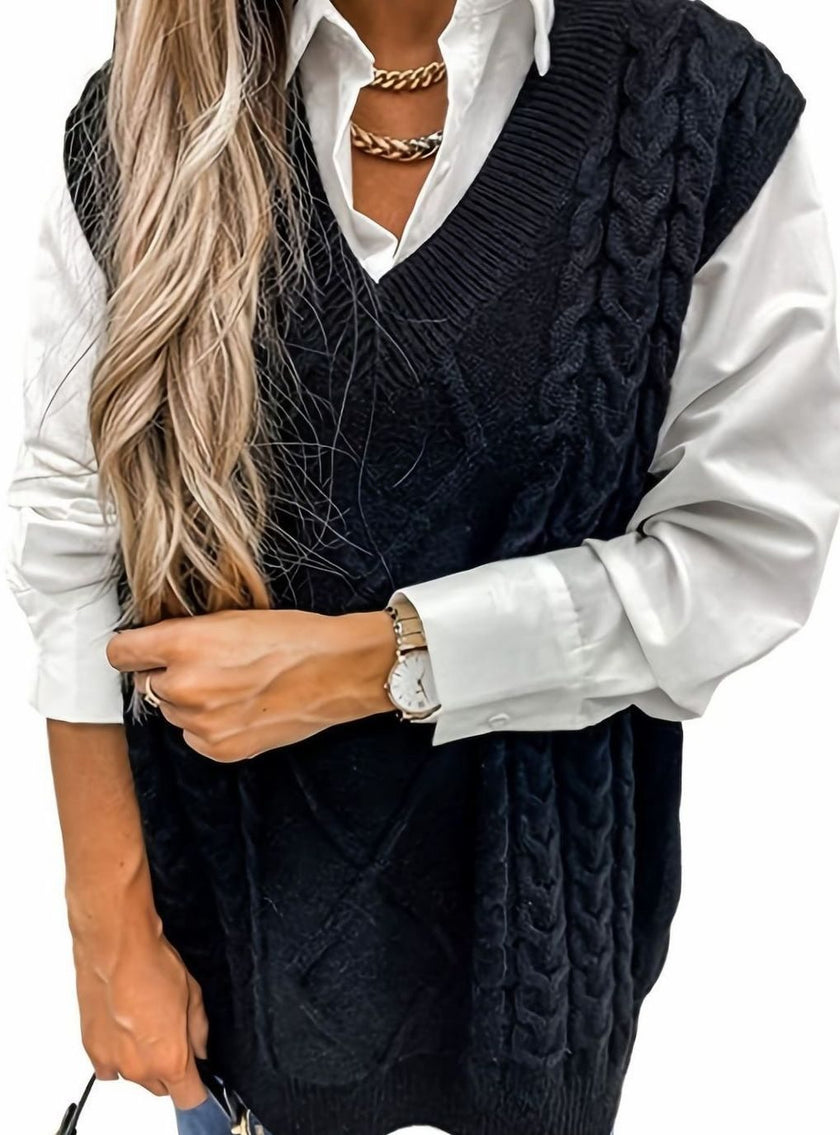 Grace | Women's Cable-Knit V-Neck Sweater Vest Relaxed Layering Pullover for Everyday