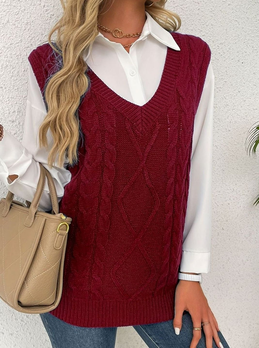 Grace | Women's Cable-Knit V-Neck Sweater Vest Relaxed Layering Pullover for Everyday