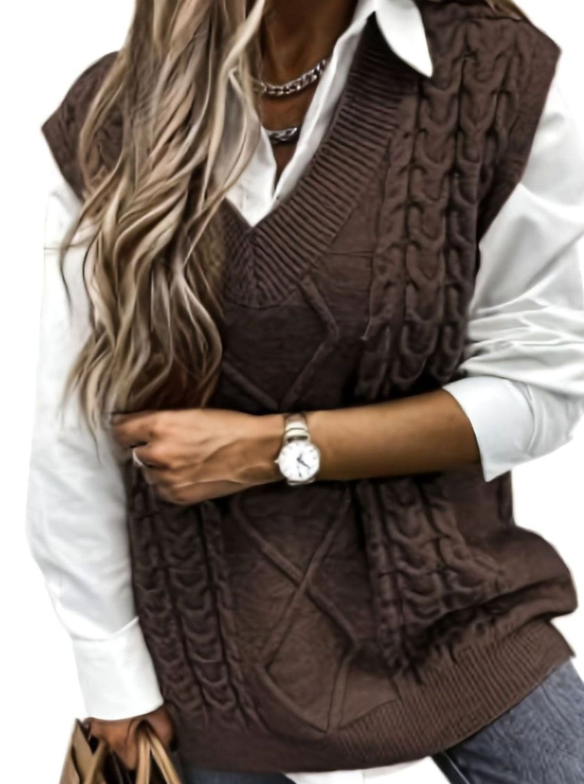 Grace | Women's Cable-Knit V-Neck Sweater Vest Relaxed Layering Pullover for Everyday