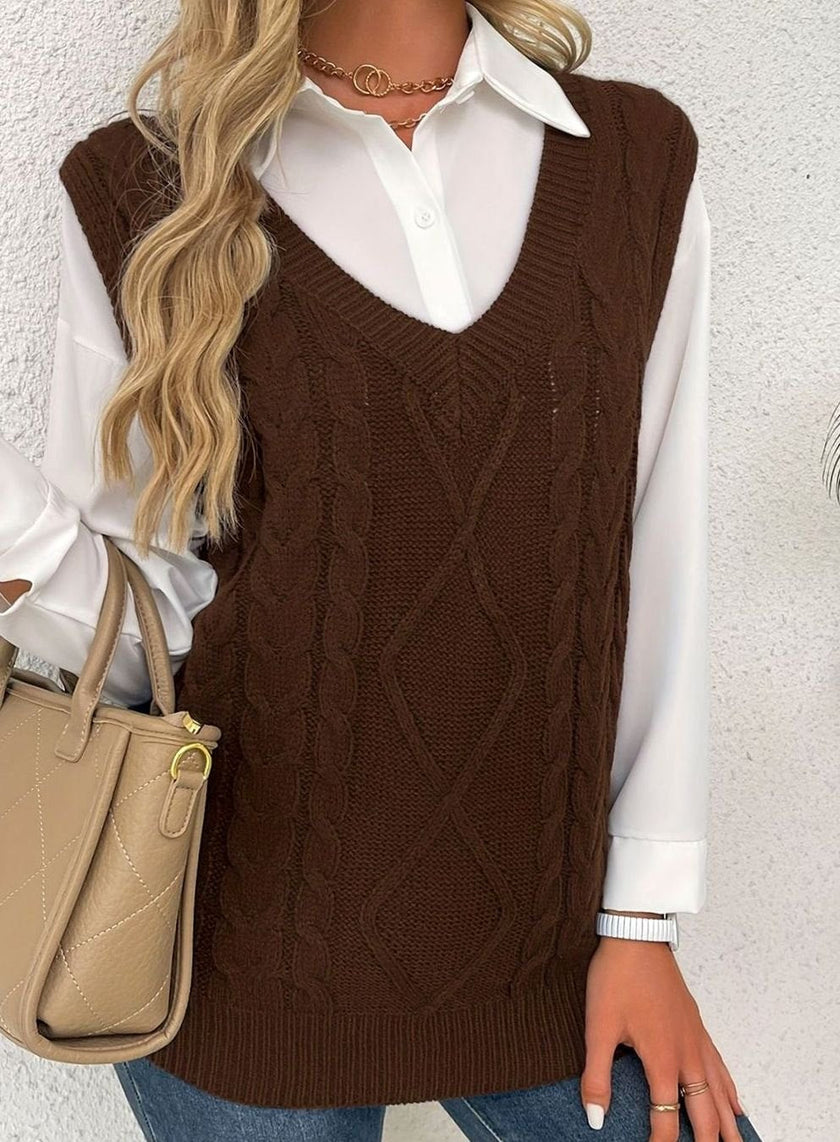 Grace | Women's Cable-Knit V-Neck Sweater Vest Relaxed Layering Pullover for Everyday