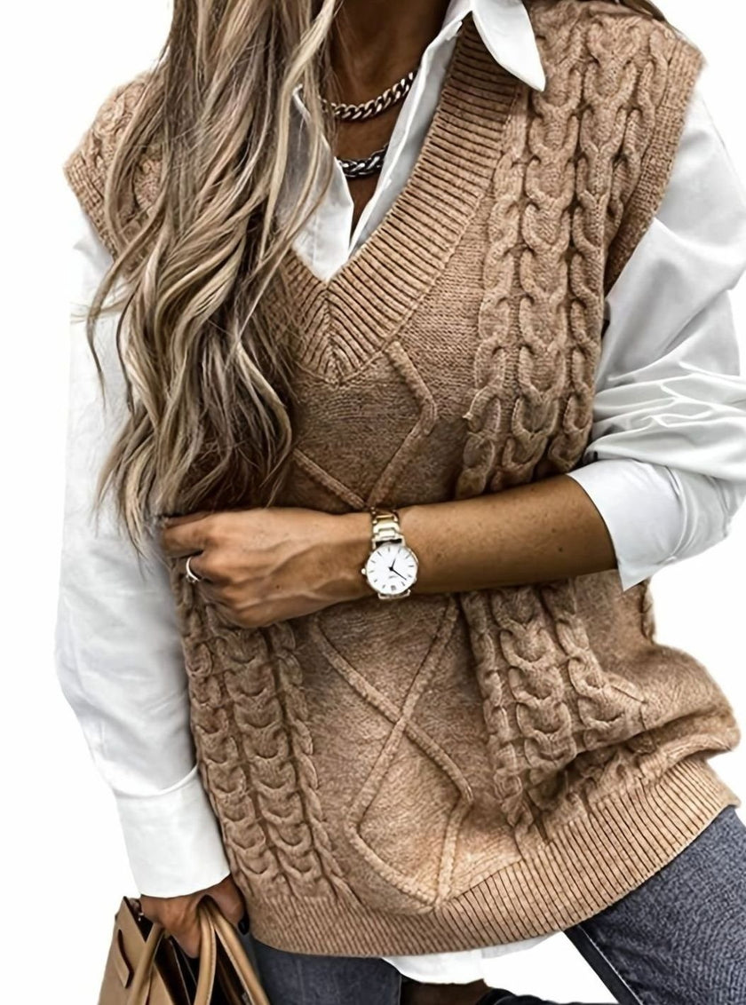 Grace | Women's Cable-Knit V-Neck Sweater Vest Relaxed Layering Pullover for Everyday