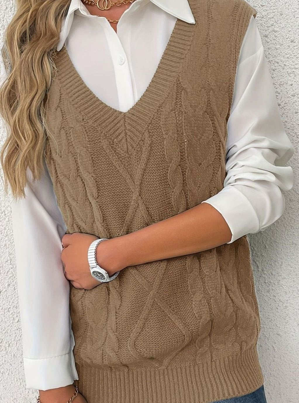 Cable Knit Sweater V Neck Relaxed Fit Stretch Pullover Jumper | Isadora