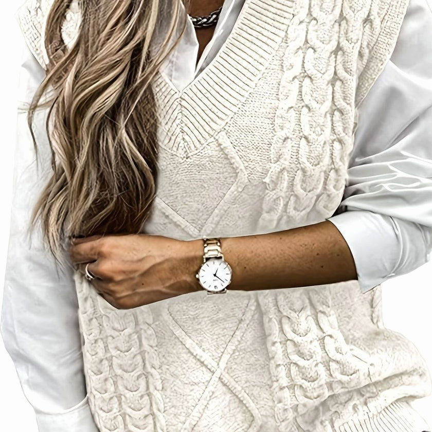 Grace | Women's Cable-Knit V-Neck Sweater Vest Relaxed Layering Pullover for Everyday