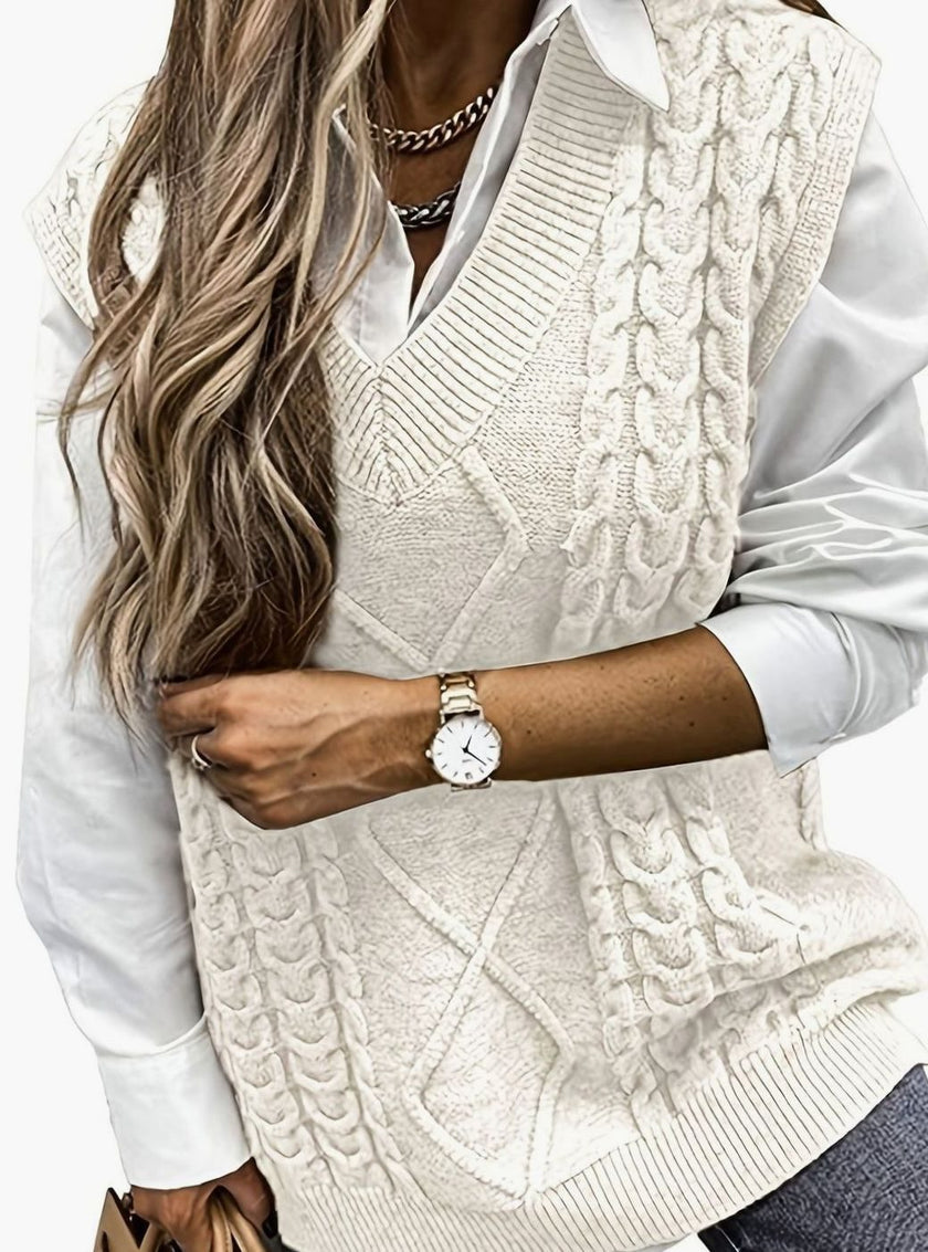 Grace | Women's Cable-Knit V-Neck Sweater Vest Relaxed Layering Pullover for Everyday