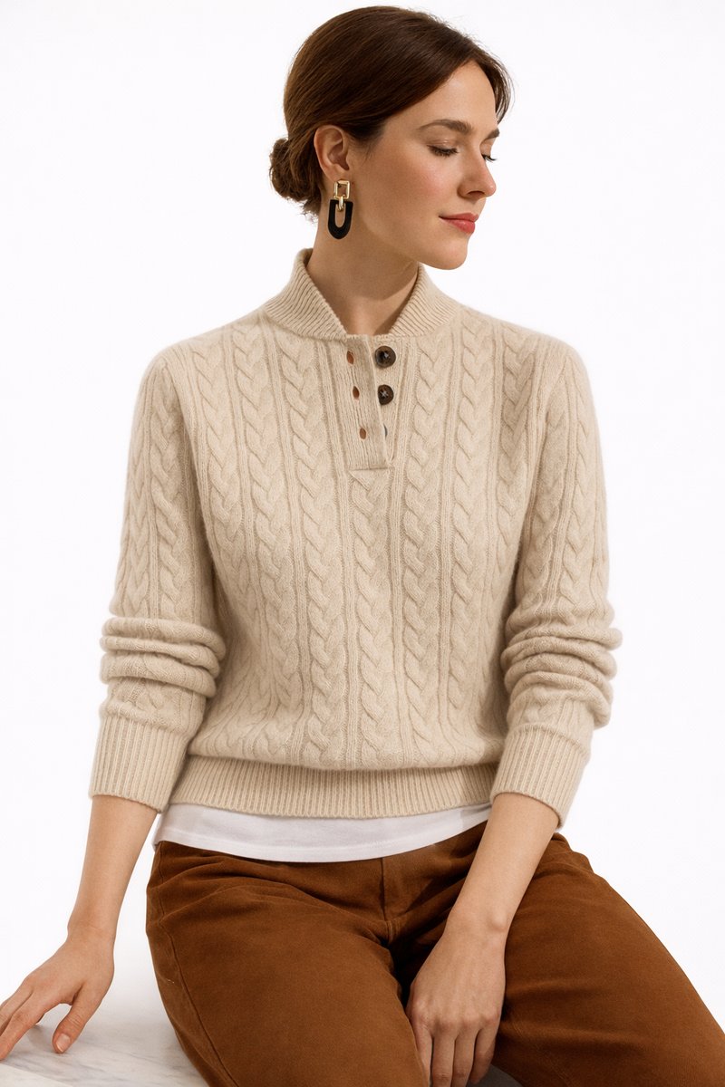 Madison | Women's Cable Knit Wool Blend Button-Neck Pullover Sweater with Striped for Casual