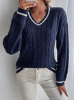 Hanne | Women's Cardigan V-Neck Cable Knit Striped Trim Pullover Sweater with Ribbed for Autumn