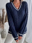 Hanne | Women's Cardigan V-Neck Cable Knit Striped Trim Pullover Sweater with Ribbed for Autumn
