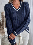 Hanne | Women's Cardigan V-Neck Cable Knit Striped Trim Pullover Sweater with Ribbed for Autumn