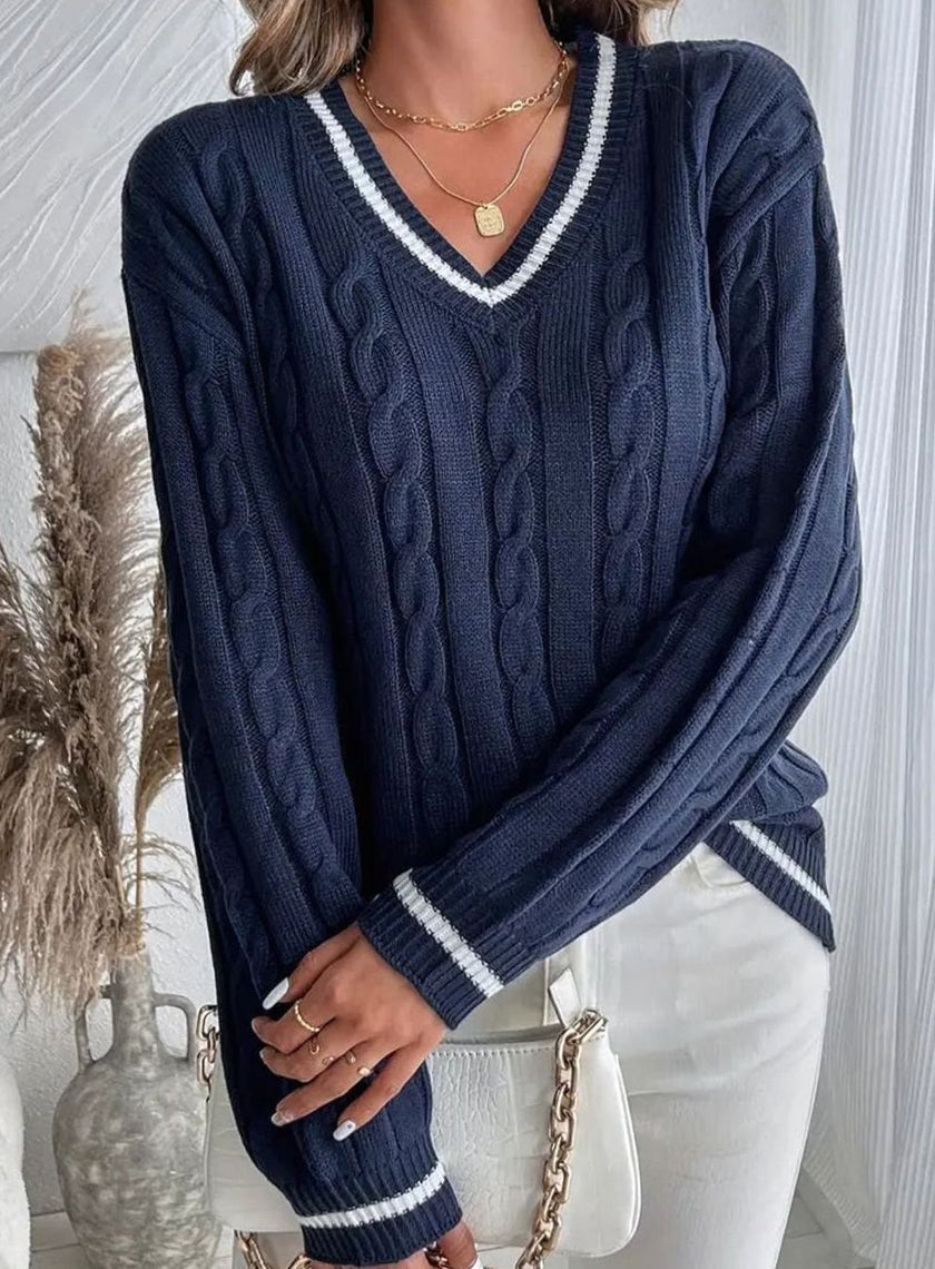 Hanne | Women's Cardigan V-Neck Cable Knit Striped Trim Pullover Sweater with Ribbed for Autumn